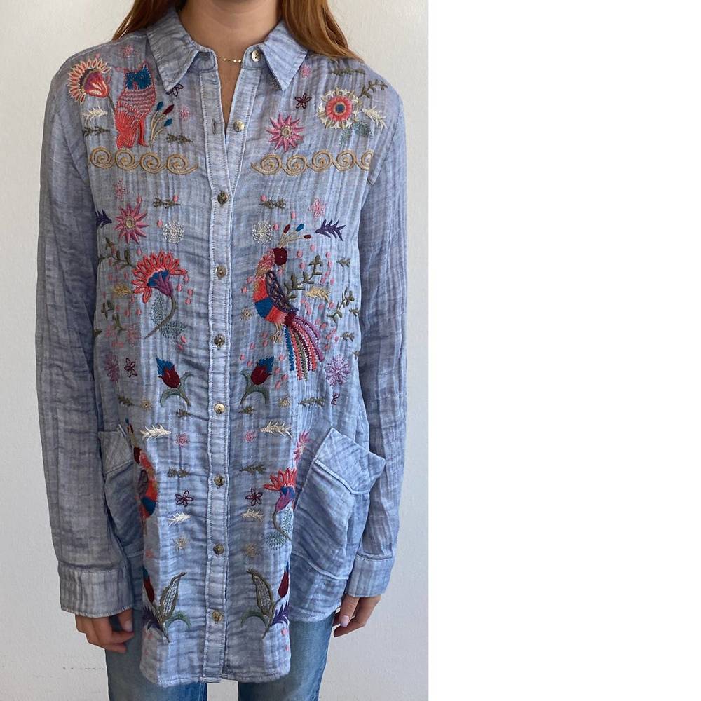 NWOT Johnny Was LUCY  painters smock.  Multi-color embroidery on chambray blue.